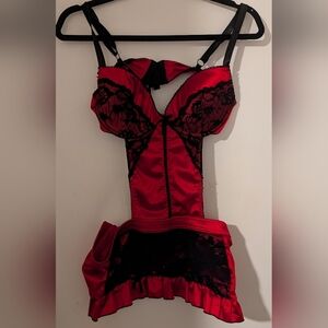 Red Satin & Black Lace Bustier Bodysuit - Women's Intimates